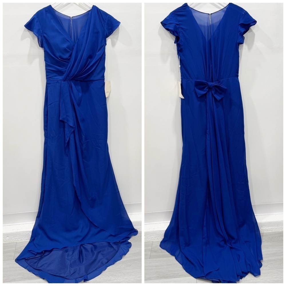 LanTing Cap Sleeve Formal Evening Gown Royal Blue Bow Back Flowy Wrap Front